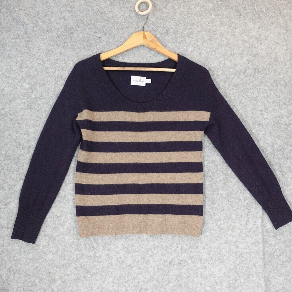 Cozy Stripe Cashmere Sweater Womens S Petite Navy Tan Academia Light STEVEN ALAN